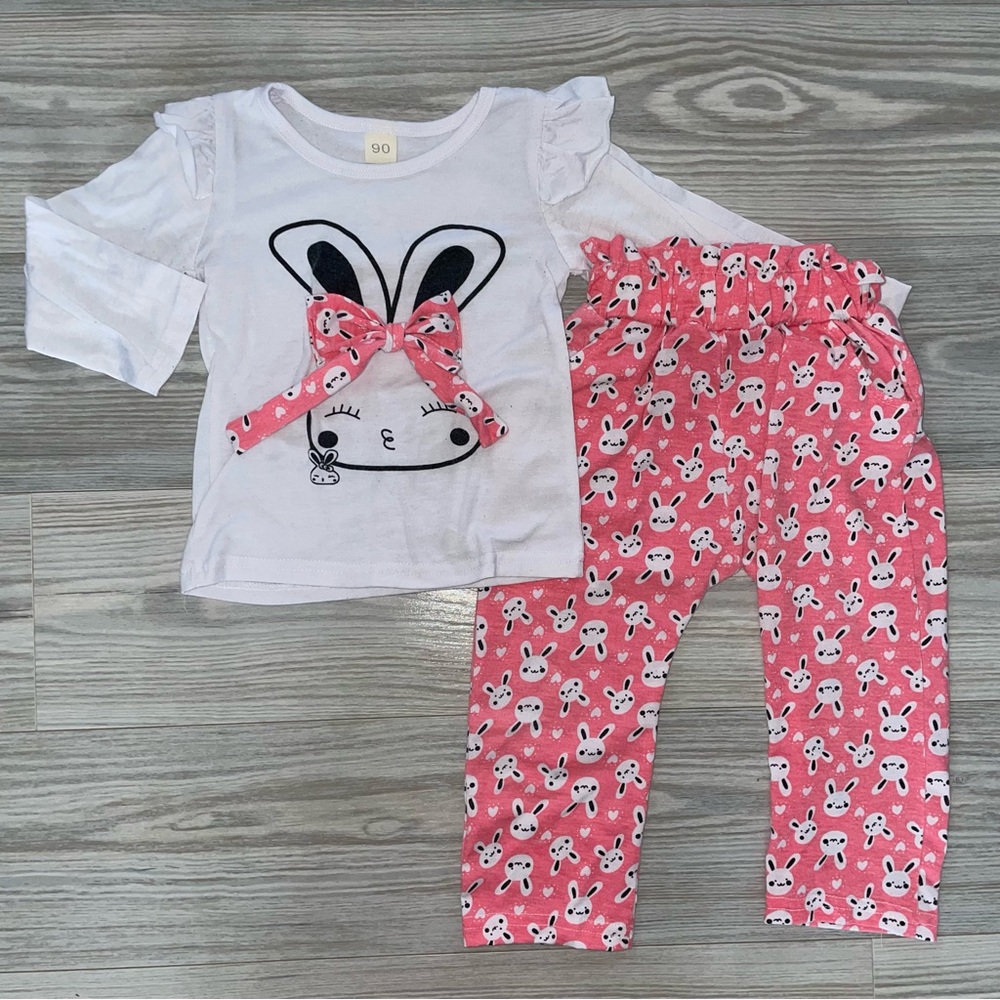 Baby Girls 2-PC Outfit 18–24 Months White Bunny Long Sleeve Top & Pink Pants Set